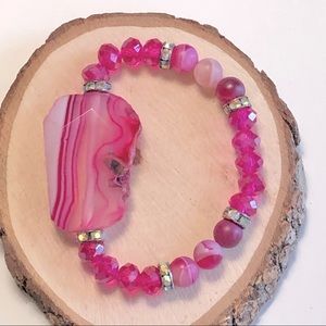Fucsia Agate & Crystal Beaded Stretch Bracelet Fuchsia Brazilian Agate and beads